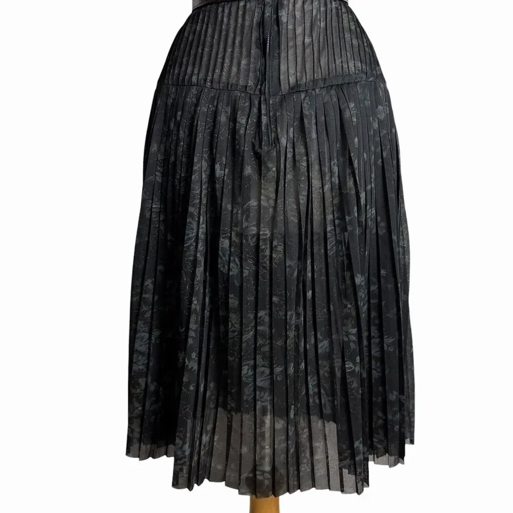 Whimsigoth Black Pleated Midi Dress Sheer Chiffon Cowl Neck Floral Small
